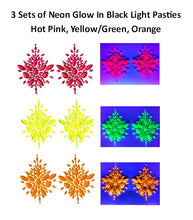 Load image into Gallery viewer, Set of 3 Reusable Neon GLOW In Black Light Rhinestone Pasties w/ Body Glue for Reapplication