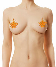 Load image into Gallery viewer, Reusable Orange Neon GLOW In Black Light Rhinestone Pasties w/ Body Glue for Reapplication