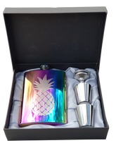 Load image into Gallery viewer, 8 oz Rainbow Stainless Steel Pineapple Flask Gift Box Set Funnel & Shot Glasses Metal