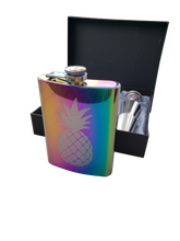 Load image into Gallery viewer, 8 oz Rainbow Stainless Steel Pineapple Flask Gift Box Set Funnel & Shot Glasses Metal