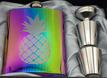 Load image into Gallery viewer, 8 oz Rainbow Stainless Steel Pineapple Flask Gift Box Set Funnel & Shot Glasses Metal