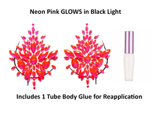 Load image into Gallery viewer, Reusable Hot Pink Neon GLOW In Black Light Rhinestone Pasties w/ Body Glue for Reapplication