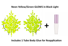 Load image into Gallery viewer, Reusable Green/Yellow Neon GLOW In Black Light Rhinestone Pasties w/ Body Glue for Reapplication
