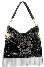 Load image into Gallery viewer, Sass Chick Sugar Skull Rhinestone Beaded Fringe Hobo Handbag