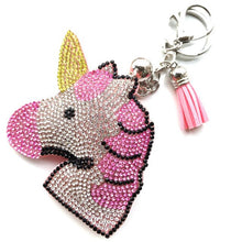 Load image into Gallery viewer, Leather Tassel Rhinestone Keychain Crystal Chain Key Ring Women's Holder Car bag Lucky Big Unicorn Animal Pendant Jewelry
