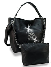 Load image into Gallery viewer, Rhinestone Skull and Crossbones Hobo Handbag Set Black PU Leather Purse and Pouch