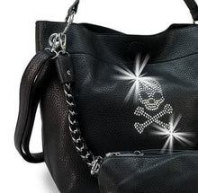 Load image into Gallery viewer, Rhinestone Skull and Crossbones Hobo Handbag Set Black PU Leather Purse and Pouch