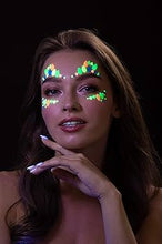 Load image into Gallery viewer, Green, Yellow and Blue GLOW in Black Light Face and Eyes Rhinestone Stickers For Special Events, Music Festivals, Coachella and  more!
