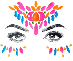 Pink, Orange and Blue GLOW in Black Light Face and Eyes Rhinestone Stickers For Special Events, Music Festivals, Coachella and  more!