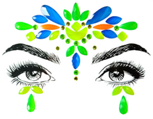 Load image into Gallery viewer, Green, Yellow and Blue GLOW in Black Light Face and Eyes Rhinestone Stickers For Special Events, Music Festivals, Coachella and  more!
