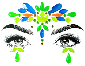 Green, Yellow and Blue GLOW in Black Light Face and Eyes Rhinestone Stickers For Special Events, Music Festivals, Coachella and  more!