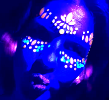 Load image into Gallery viewer, Green, Yellow and Blue GLOW in Black Light Face and Eyes Rhinestone Stickers For Special Events, Music Festivals, Coachella and  more!
