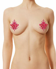 Load image into Gallery viewer, Reusable Hot Pink Neon GLOW In Black Light Rhinestone Pasties w/ Body Glue for Reapplication
