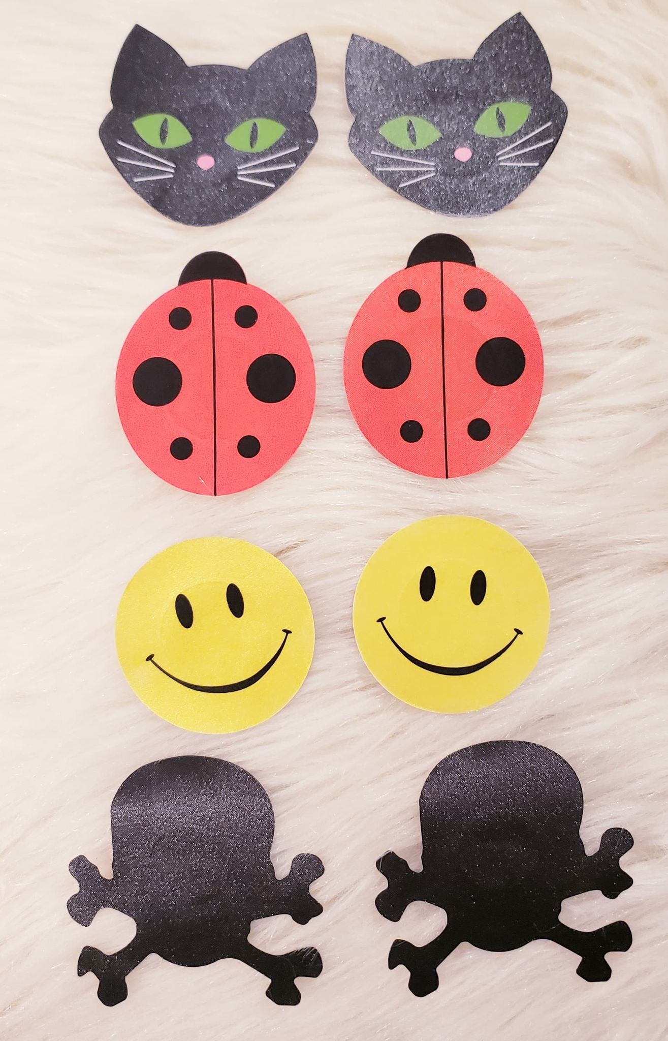 4 Pairs Pasties - Cats, Skull, Lady Bug, Smiley. Cross Bones, Nipple Covers, Stickers, Lifestyle, Rally, Rave, Costume, Lingerie