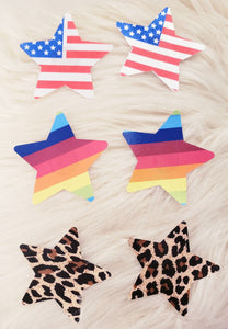3 Pairs Star Pasties -Leopard, USA Flag, Rainbow Pride, Nipple Covers, Stickers, Lifestyle, Rally, Rave, Costume, Lingerie