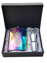 Load image into Gallery viewer, 8 oz Rainbow Stainless Steel Pineapple Flask Gift Box Set Funnel &amp; Shot Glasses Metal
