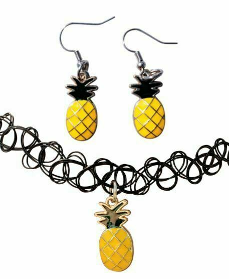 Pineapple Black Choker & Earrings Rhinestone Necklace Lifestyle Swinger Jewelry