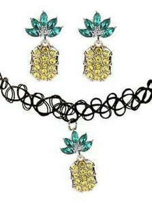 Crystal Pineapple Black Choker & Earrings Rhinestone Necklace Lifestyle Swinger Jewelry