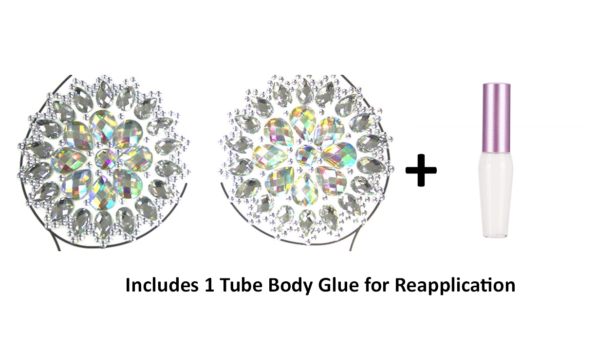 Round Reusable Rhinestone Pasties w/ Body Glue for Reapplication