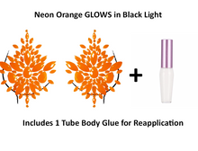 Load image into Gallery viewer, Reusable Orange Neon GLOW In Black Light Rhinestone Pasties w/ Body Glue for Reapplication
