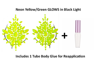 Reusable Green/Yellow Neon GLOW In Black Light Rhinestone Pasties w/ Body Glue for Reapplication