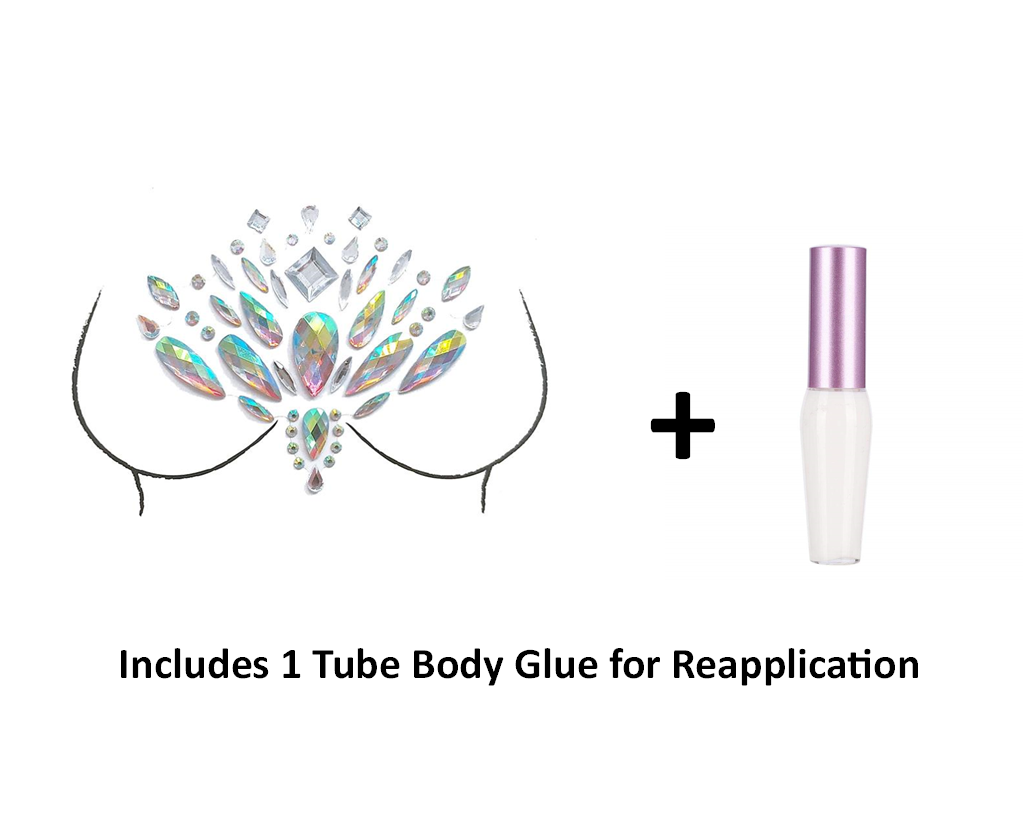 Reusable Neck & Chest Rhinestone Body Stickers w/ Body Glue for Reapplication