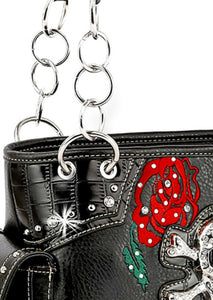 Sass Chick Rhinestone Skull w/ Red Roses Shoulder Handbag Concealed Carry