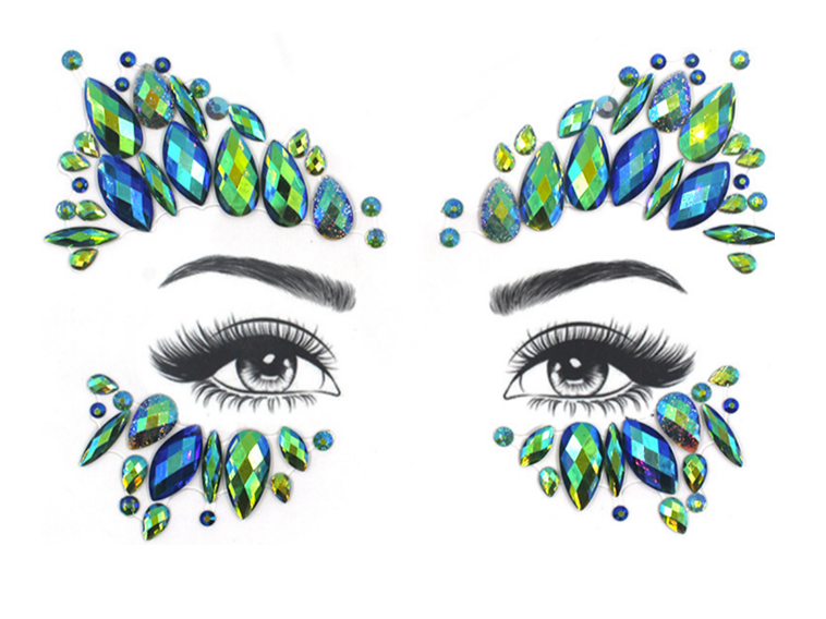 Blue & Green Face & Eyes Sexy Rhinestone Body Stickers
