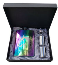 Load image into Gallery viewer, 8 oz Rainbow Stainless Steel Unicorn Flask Gift Box Set Funnel &amp; Shot Glasses Metal
