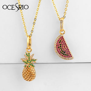 Colorful Zirconia CZ Necklace For Women Rainbow Gold Chain Pineapple Watermelon Horn Cactus Pendants Fashion Jewelry nke-p28