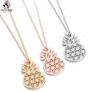 Oly2u Summer Pineapple Pendant Necklace for Women Minimalist Jewelry Hollow Hawaii Stainless Steel Necklaces Friendship Gift Bff