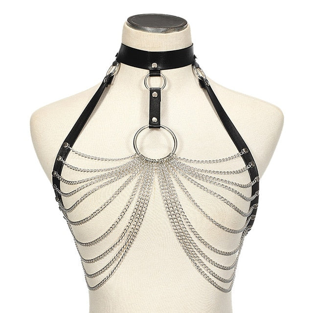 Goth Leather Body Harness Bralette Chain (Several Styles and Colors, Tops and Bottoms)
