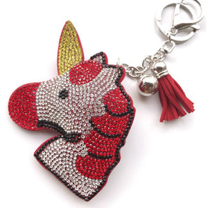 Leather Tassel Rhinestone Keychain Crystal Chain Key Ring Women&#39;s Holder Car bag Lucky Big Unicorn Animal Pendant Jewelry
