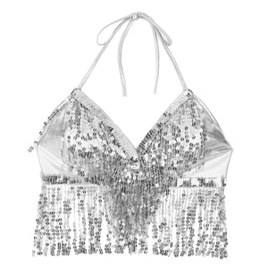 (5 Colors) - Sexy Shiny Sequins Mid Drift Halter Crop Top with Tassels