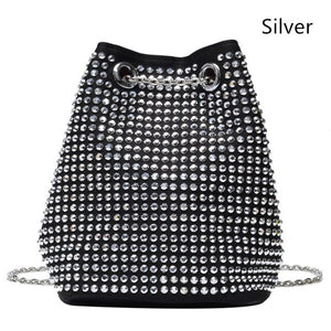 Sass Chick Original  Rhinestone Crystal Draw String Tote W/ Chain Bag (Multiple Colors)