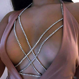 Fashion Sexy Women Shiny Full Rhinestone Bikini Harness Bra Chest Body Cup Chain Necklace Jewelry Personality Exaggeration Gifts