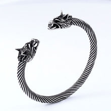 Load image into Gallery viewer, steel soldier punk style men high quality double wolf skull  Filigree bracelet bangle stainless steel men jewelry
