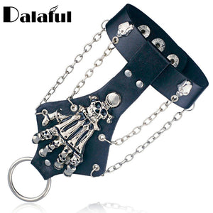 Unisex Cool Punk Rock Gothic Skeleton Skull Hand Glove Chain Link Wristband Bangle Leather Bracelet S244