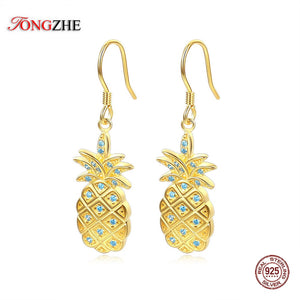 TONGZHE Luxury 925 Sterling Silver Earrings For Women Pineapple Blue Rhinestone Accessories Drop Earrings Fashion Jewelry