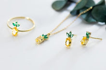 Load image into Gallery viewer, Authentic 925 Sterling Silver Yellow citrine Green Crystal pineapple Fruit Necklace pendant earrings Ring Set Jewelry C-D4383
