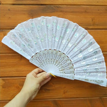 Load image into Gallery viewer, Embroidered Sequins Folding Fan Peacock Tail Feather Shape Hand Fans Dance Manual Fan Photo Props Home Decoration
