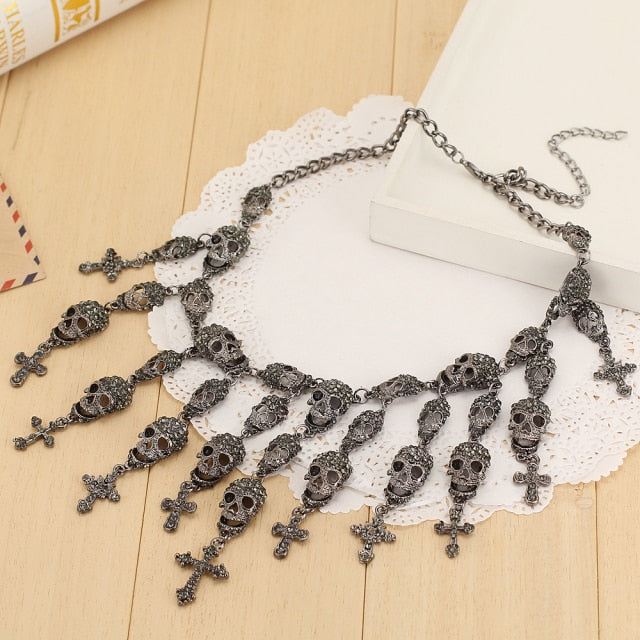 YaYi Jewelry Fashion Skeleton Skull Cross Crystal Department Statement Women Choker All Saints' Day Gift Necklaces Pendants