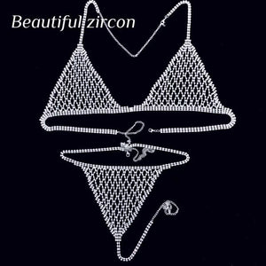 Fashion sexy goddess crystal body jewelry bra Thong Set Fashion Women&amp;#39;s transparent hollow Rhinestone adjustable Bikini Set Gift