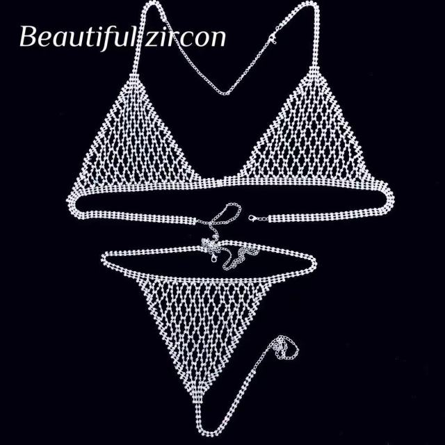 Fashion sexy goddess crystal body jewelry bra Thong Set Fashion Women&#39;s transparent hollow Rhinestone adjustable Bikini Set Gift