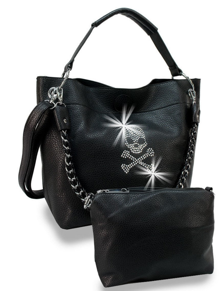 Rhinestone Skull and Crossbones Hobo Handbag Set Black PU Leather Purse and Pouch